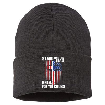 USA Patriotic Stand For The Flag Kneel For The Cross Sustainable Knit Beanie