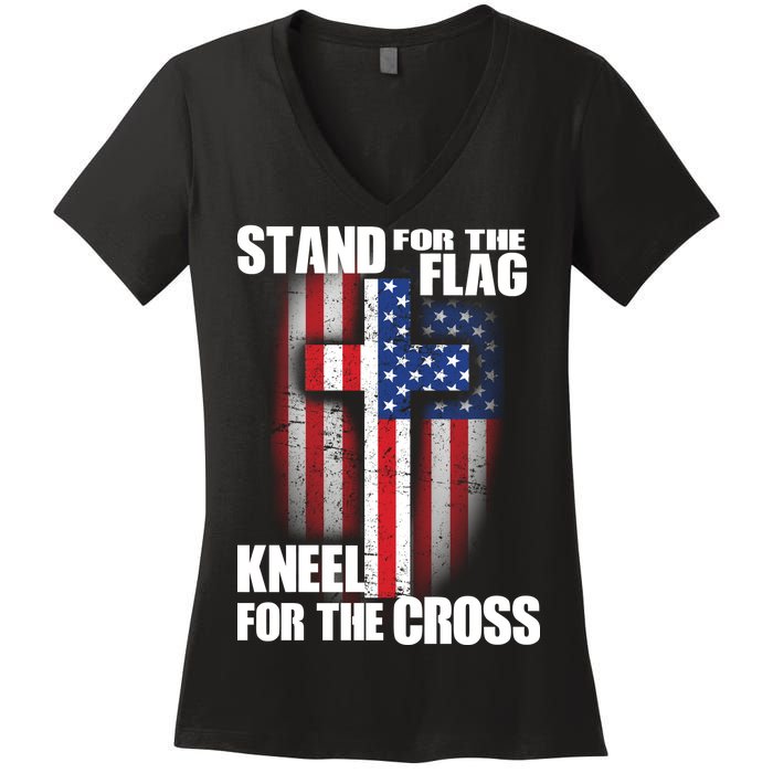 USA Patriotic Stand For The Flag Kneel For The Cross Women's V-Neck T-Shirt