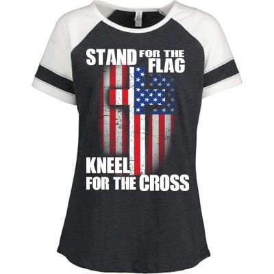 USA Patriotic Stand For The Flag Kneel For The Cross Enza Ladies Jersey Colorblock Tee