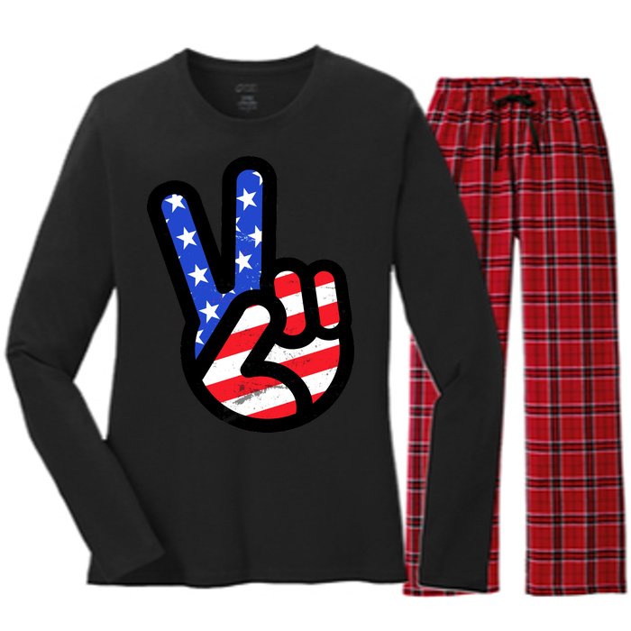 USA Peace Sign Women's Long Sleeve Flannel Pajama Set 