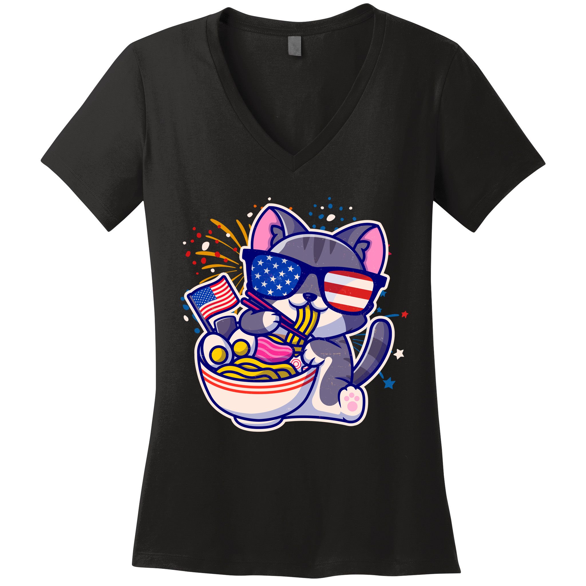 USA Ramen Bowl Kitty America Women's V-Neck T-Shirt