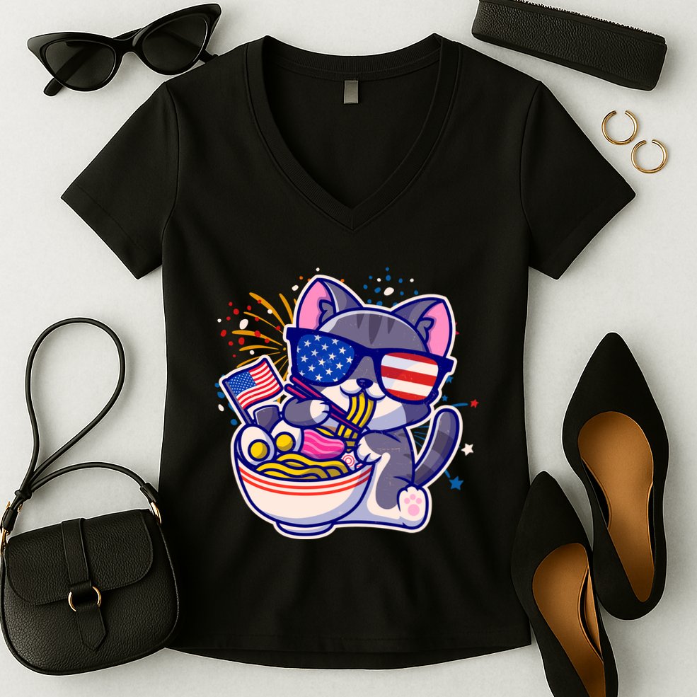 USA Ramen Bowl Kitty America Women's V-Neck T-Shirt