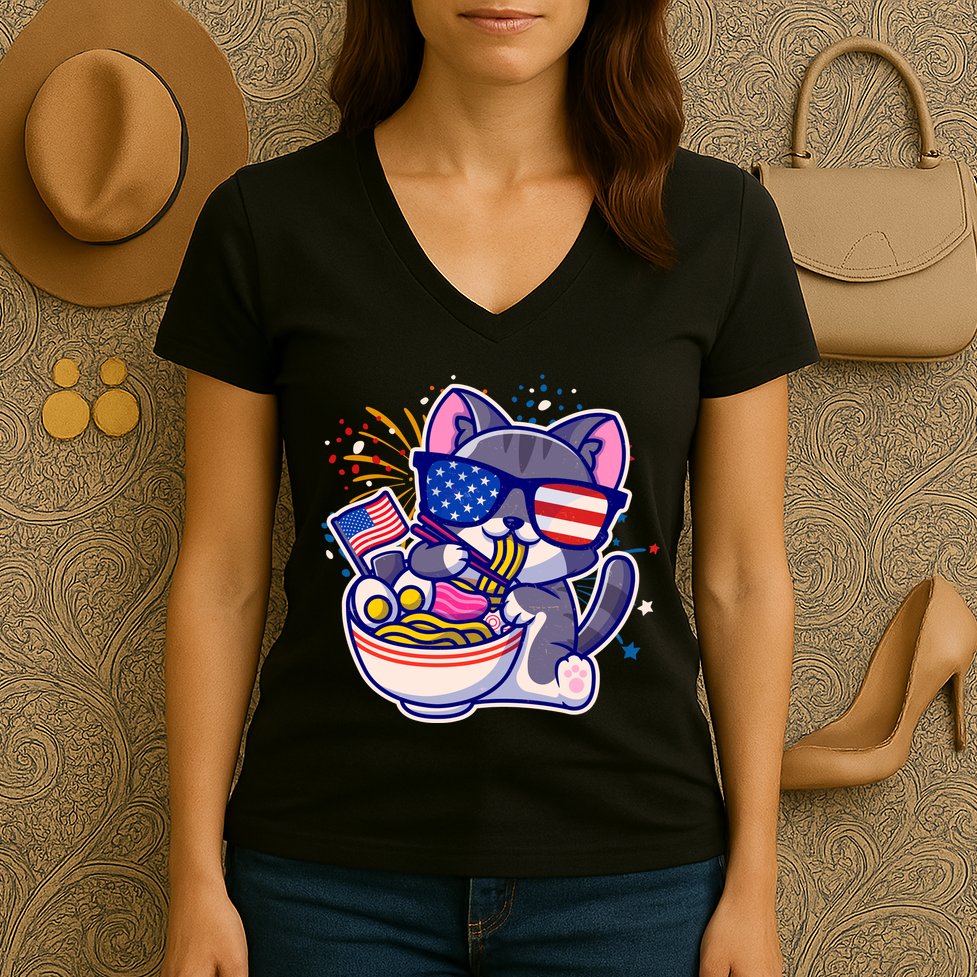 USA Ramen Bowl Kitty America Women's V-Neck T-Shirt