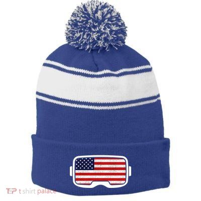 USA Retro Video Game Flag Stripe Pom Pom Beanie