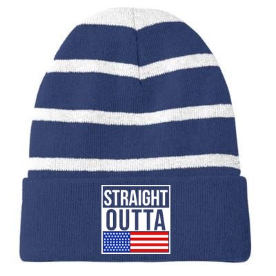 USA Straight Outta United States of America 4th of July Striped Beanie with Solid Band