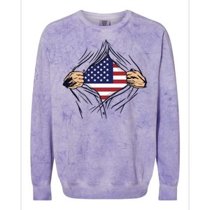 USA Superhero Ripped American Flag Colorblast Crewneck Sweatshirt