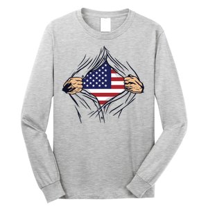 USA Superhero Ripped American Flag Long Sleeve Shirt