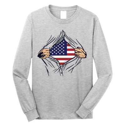 USA Superhero Ripped American Flag Long Sleeve Shirt