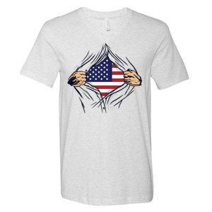 USA Superhero Ripped American Flag V-Neck T-Shirt