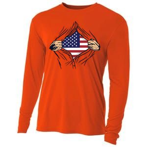 USA Superhero Ripped American Flag Cooling Performance Long Sleeve Crew