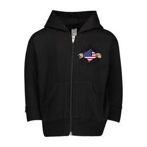 USA Superhero Ripped American Flag Toddler Zip Fleece Hoodie