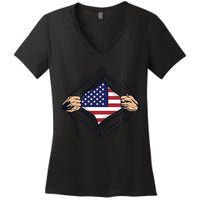 USA Superhero Ripped American Flag Women's V-Neck T-Shirt