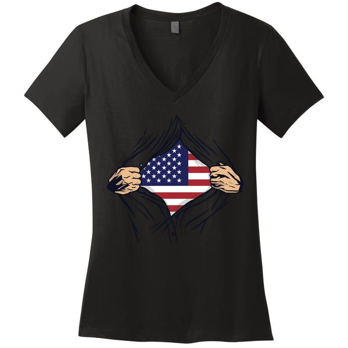 USA Superhero Ripped American Flag Women's V-Neck T-Shirt