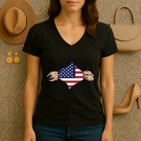 USA Superhero Ripped American Flag Women's V-Neck T-Shirt