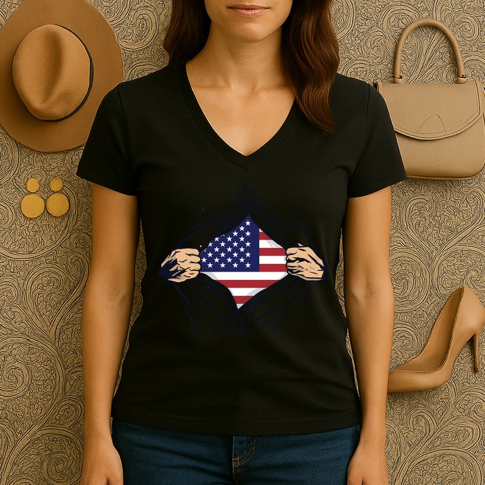 USA Superhero Ripped American Flag Women's V-Neck T-Shirt