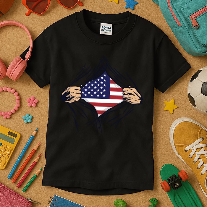 USA Superhero Ripped American Flag Kids T-Shirt