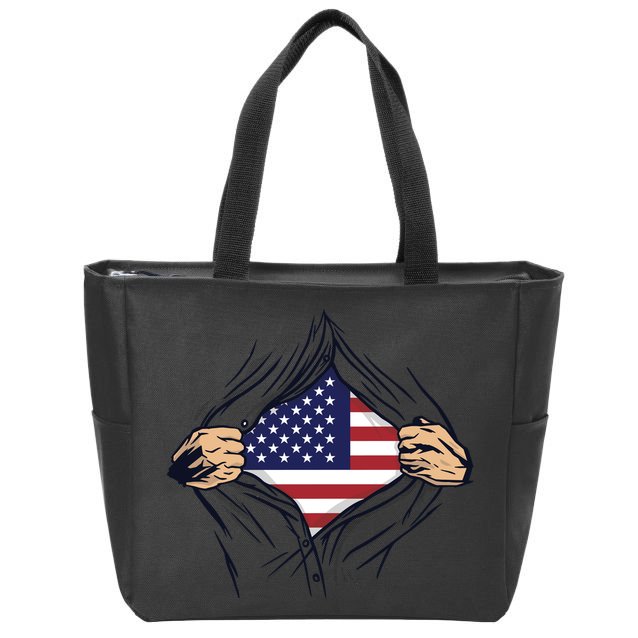 USA Superhero Ripped American Flag Zip Tote Bag