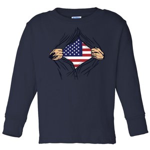 USA Superhero Ripped American Flag Toddler Long Sleeve Shirt