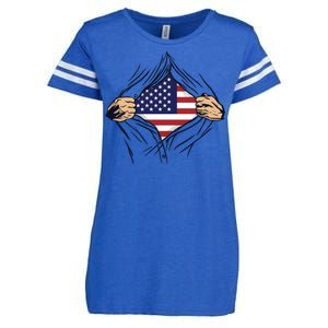 USA Superhero Ripped American Flag Enza Ladies Jersey Football T-Shirt