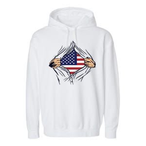 USA Superhero Ripped American Flag Garment-Dyed Fleece Hoodie