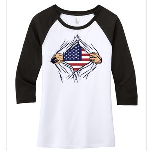 USA Superhero Ripped American Flag Women's Tri-Blend 3/4-Sleeve Raglan Shirt