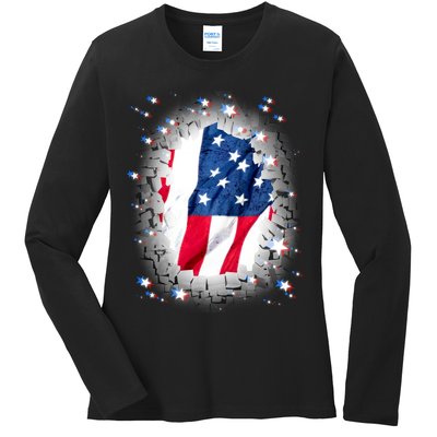 USA Torn Star American Flag Ladies Long Sleeve Shirt