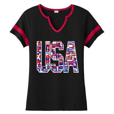 USA World Flags Pattern Ladies Halftime Notch Neck Tee