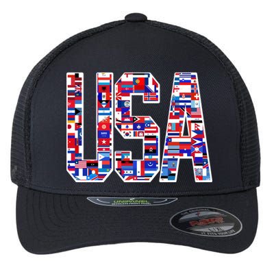 USA World Flags Pattern Flexfit Unipanel Trucker Cap