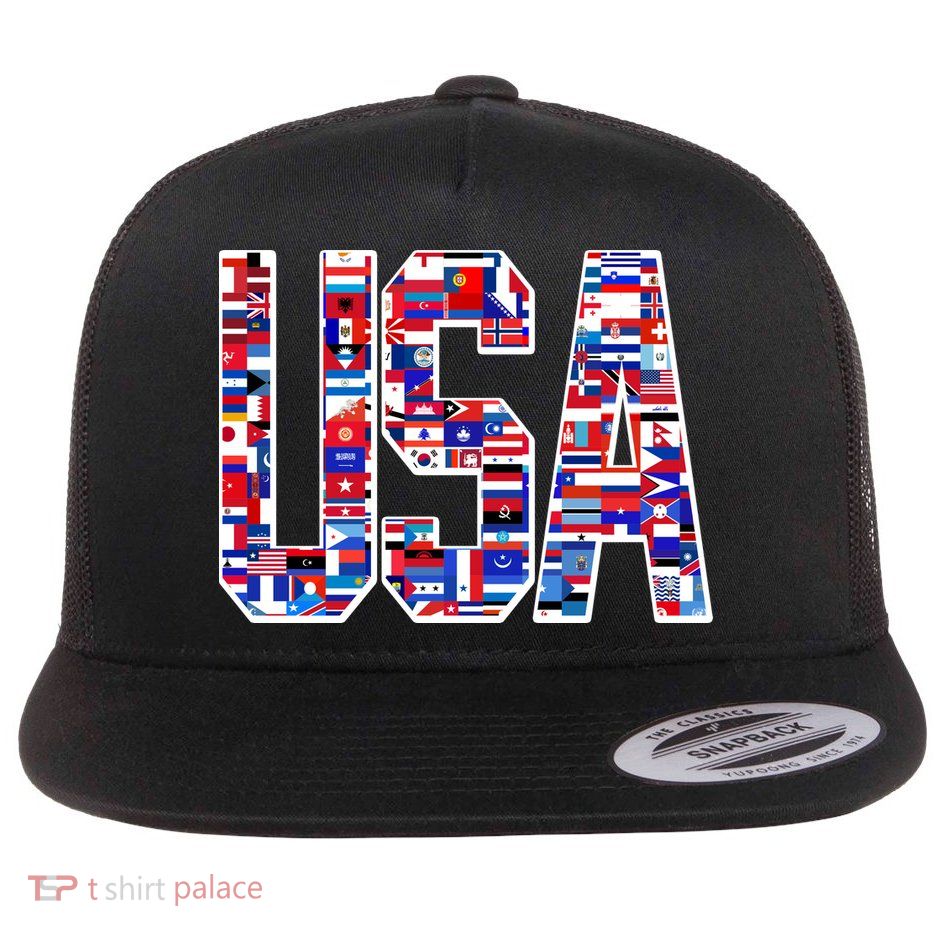 USA World Flags Pattern Flat Bill Trucker Hat