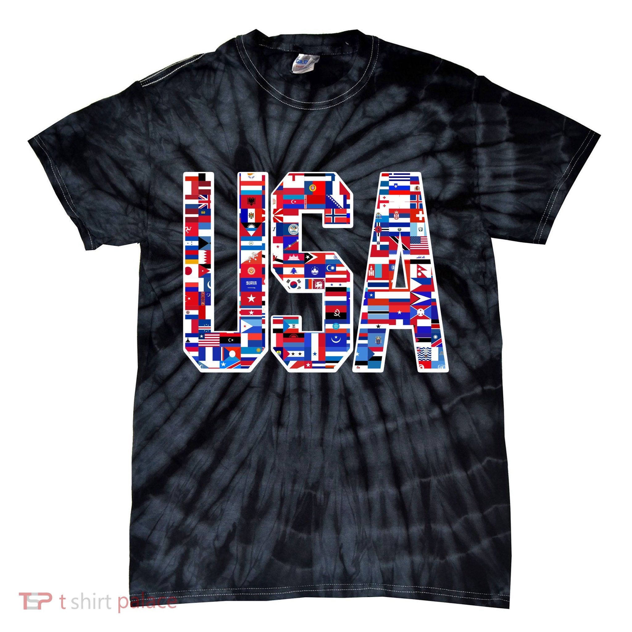 USA World Flags Pattern Tie-Dye T-Shirt