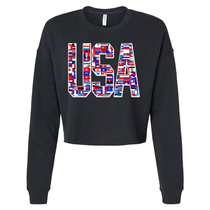 USA World Flags Pattern Cropped Pullover Crew