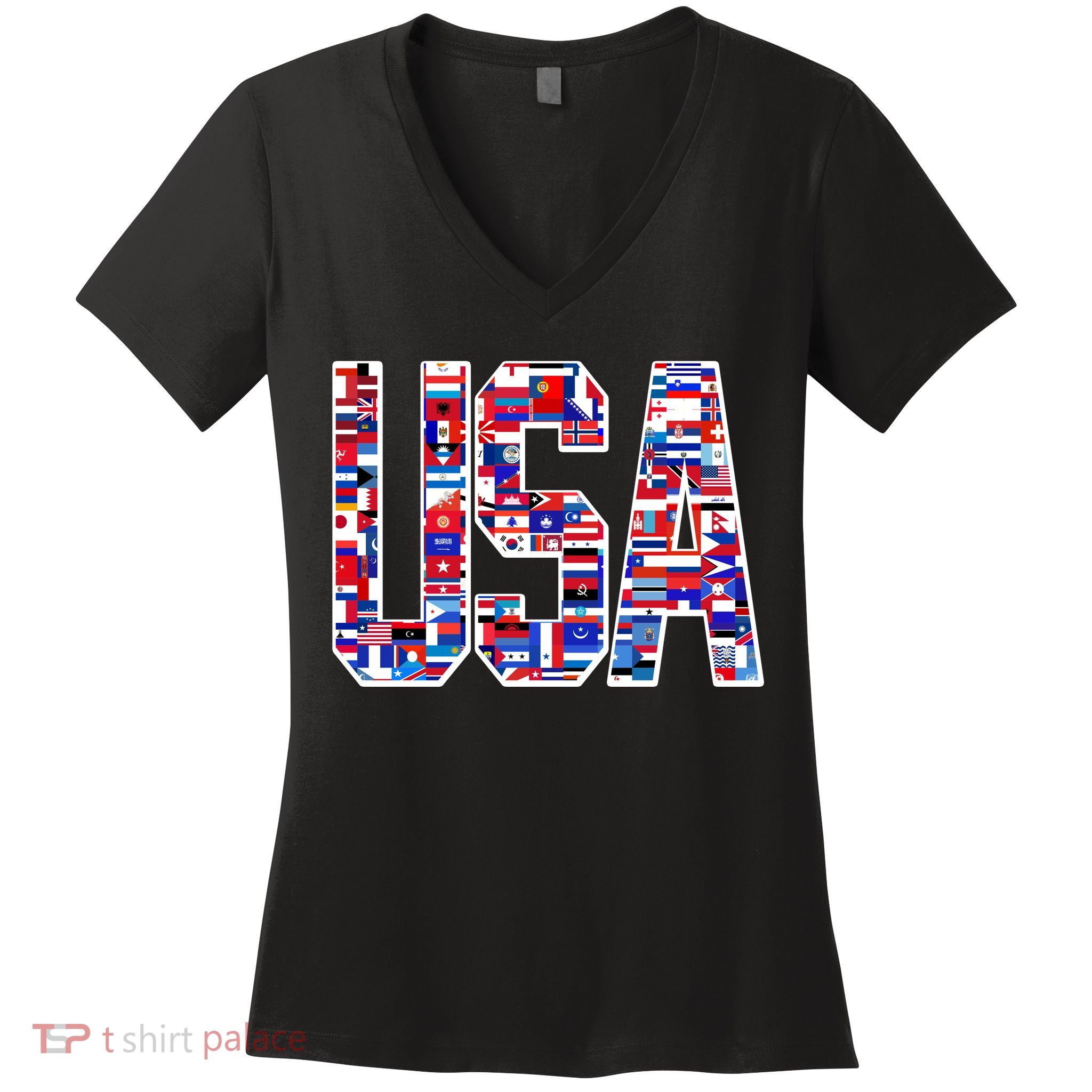 USA World Flags Pattern Women's V-Neck T-Shirt