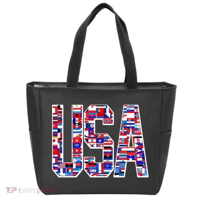 USA World Flags Pattern Zip Tote Bag