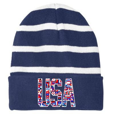 USA World Flags Pattern Striped Beanie with Solid Band