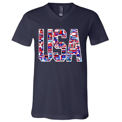 USA World Flags Pattern V-Neck T-Shirt