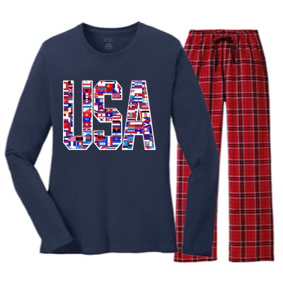 USA World Flags Pattern Women's Long Sleeve Flannel Pajama Set 