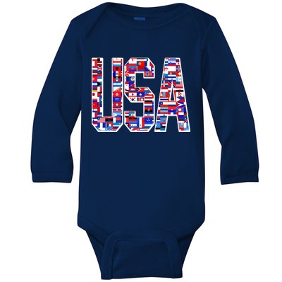 USA World Flags Pattern Baby Long Sleeve Bodysuit