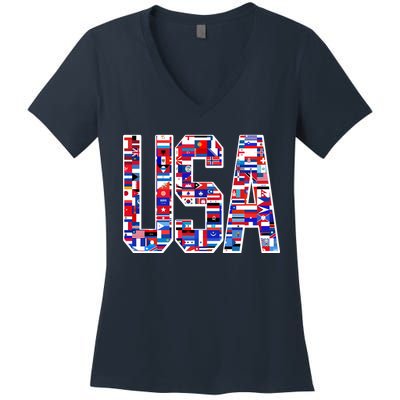 USA World Flags Pattern Women's V-Neck T-Shirt