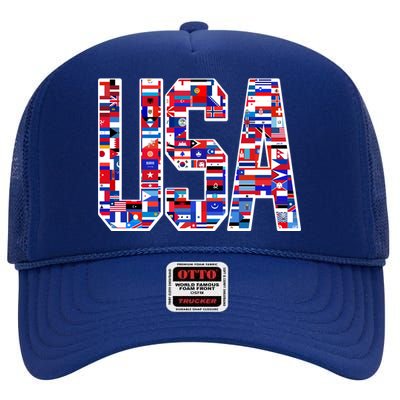 USA World Flags Pattern High Crown Mesh Back Trucker Hat