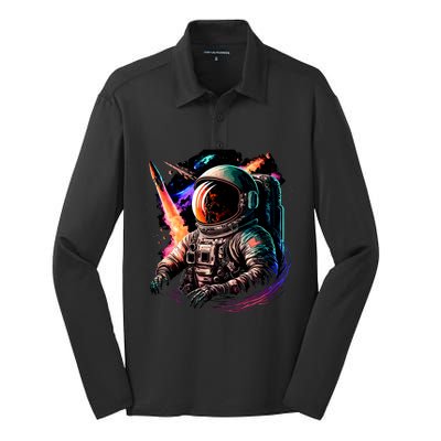 United States Astronaut With Rockets Silk Touch Performance Long Sleeve Polo