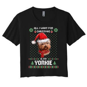 Ugly Sweater All I Want For Christmas Is My Yorkie Xmas Long Sleeve Women's Crop Top Tee