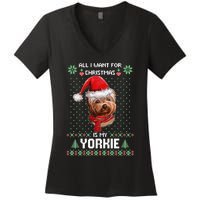 Ugly Sweater All I Want For Christmas Is My Yorkie Xmas Long Sleeve Women's V-Neck T-Shirt