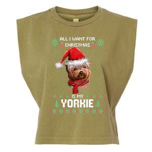 Ugly Sweater All I Want For Christmas Is My Yorkie Xmas Long Sleeve Garment-Dyed Women's Muscle Tee