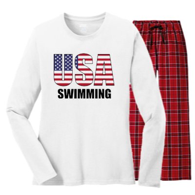 Usa Swimming American Flag Team Sport Support Women's Long Sleeve Flannel Pajama Set 