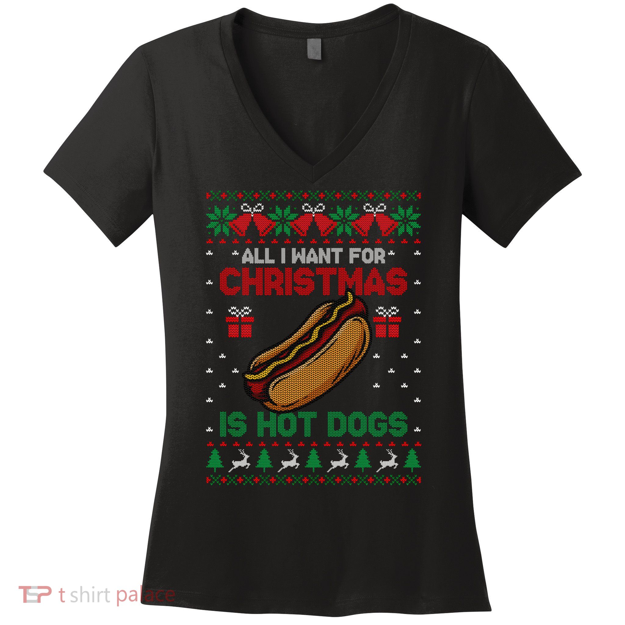 Ugly Sweater All I Want For Christmas Is Hot Dogs Holiday Sweatshirt Women's V-Neck T-Shirt
