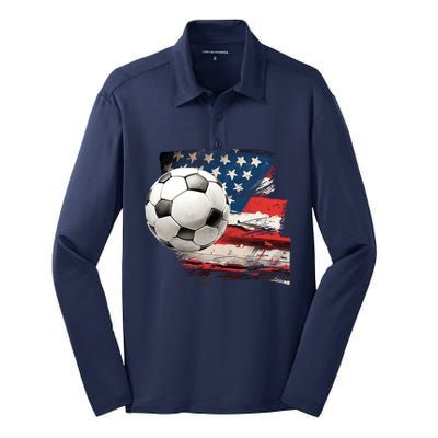 Usa Soccer Ball And Flag Silk Touch Performance Long Sleeve Polo