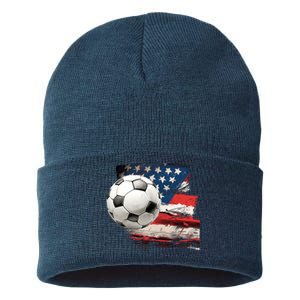 Usa Soccer Ball And Flag Sustainable Knit Beanie