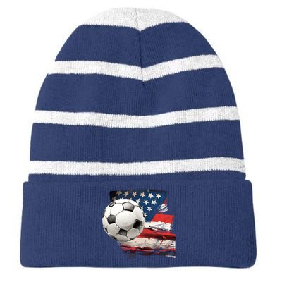 Usa Soccer Ball And Flag Striped Beanie with Solid Band