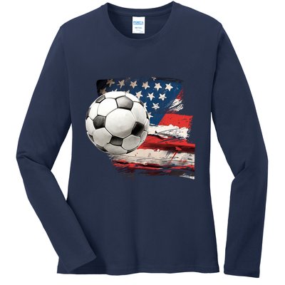 Usa Soccer Ball And Flag Ladies Long Sleeve Shirt