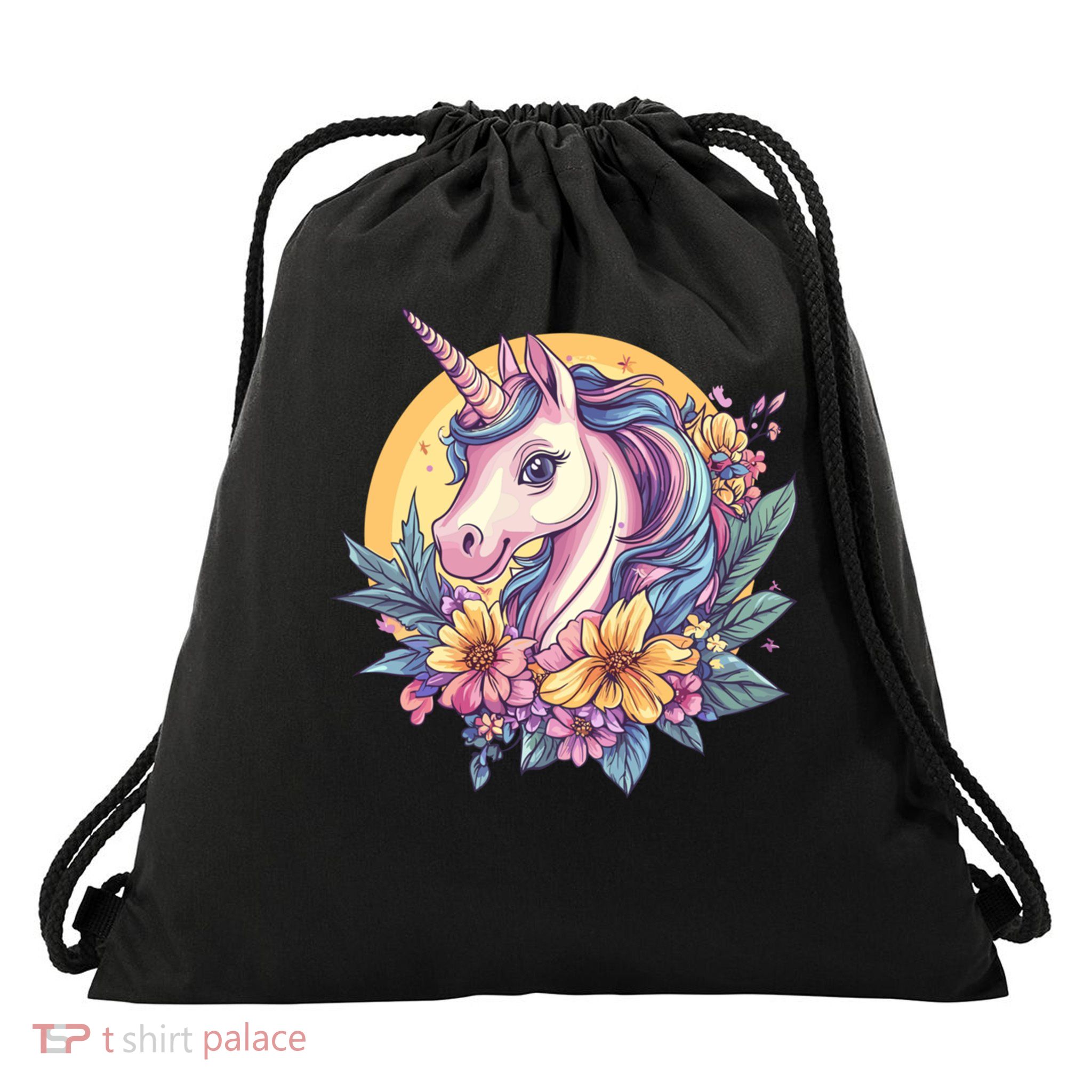 Unicorn Surrounded By Vibrant Flowers Cute Gift Drawstring Bag